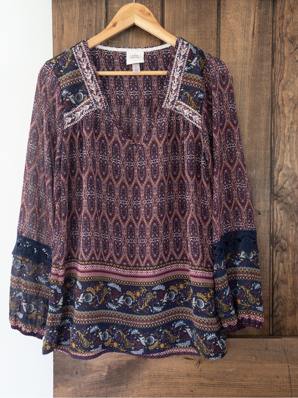 Knox Rose Boho Paisley Floral Peasant Top Large Crochet Embroidered Bohemian